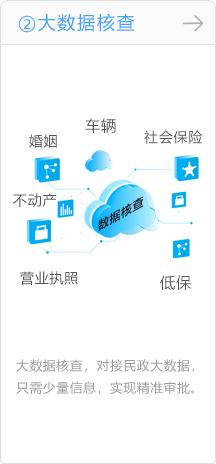 大数据核查：对接民政大数据，对不动产、车辆、低保等信息的核查。